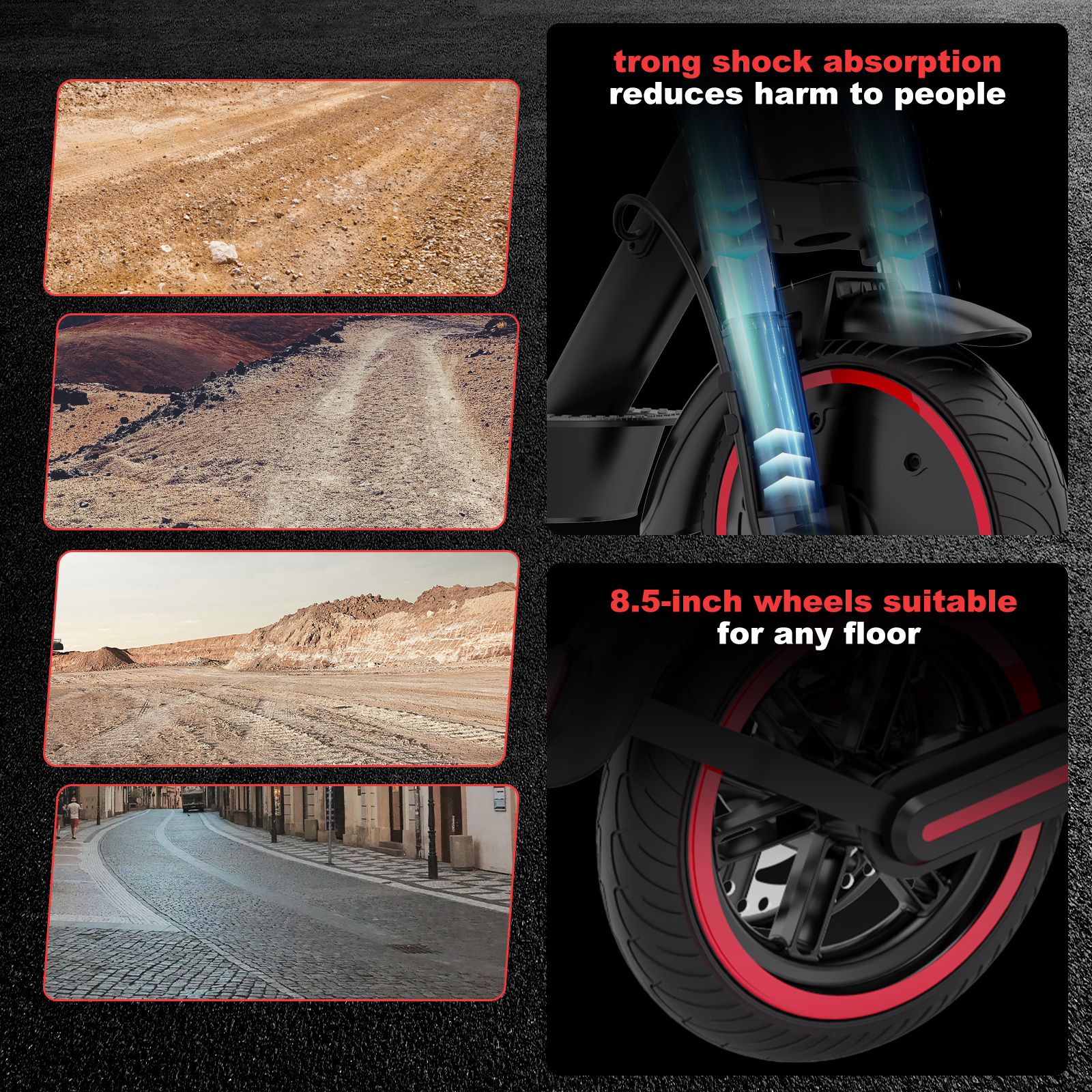 Un collage muestra condiciones de la carretera y detalles de la rueda de un scooter con texto sobre absorción de impactos.