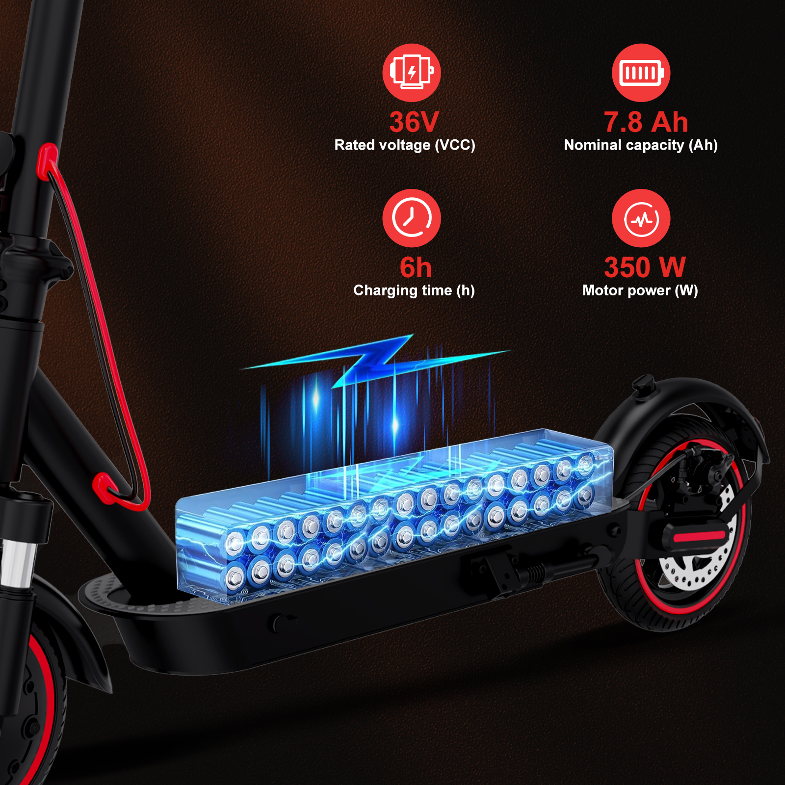 Información de la batería del scooter con voltaje, capacidad, tiempo de carga y potencia del motor.