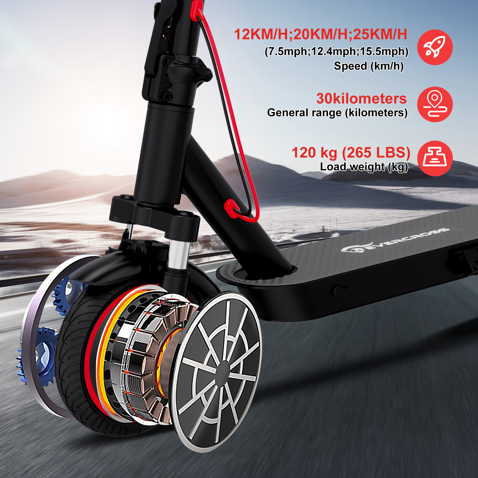 Piezas y especificaciones de scooter eléctrico mostradas.