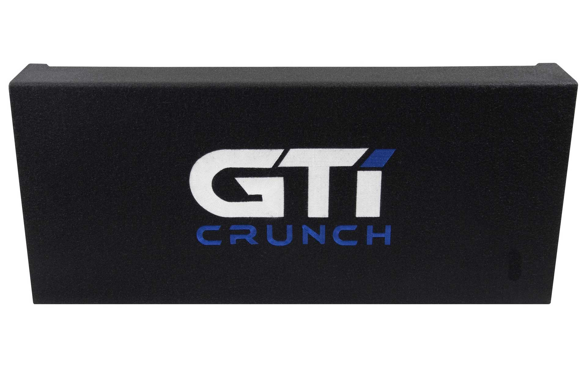 Eine schwarze Auto-Subwoofer-Box mit weißem 'GTI CRUNCH'-Schriftzug und blauen Akzenten.