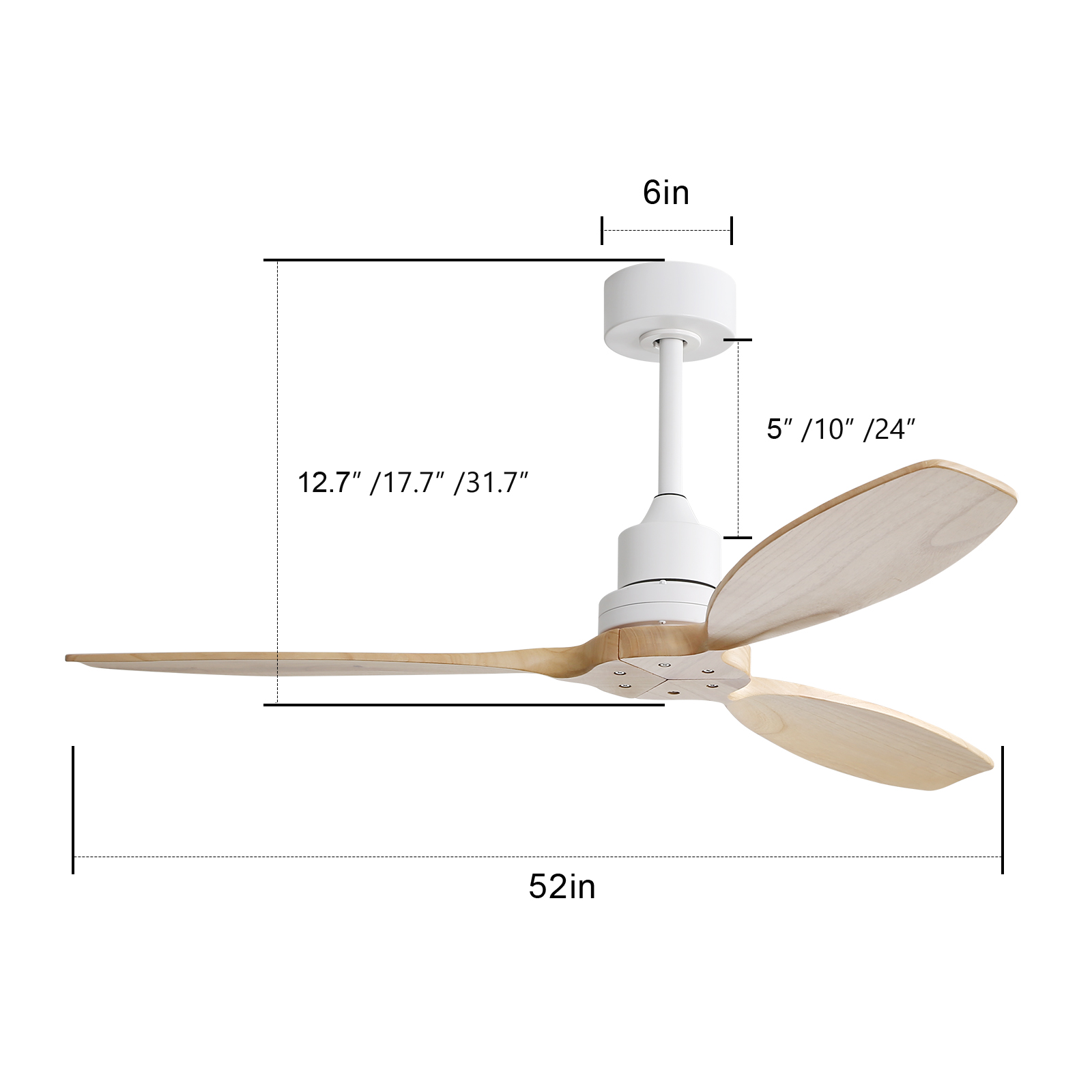 Deckenventilator mit drei Holzblättern und weißem Motor, mit Abmessungen in Zoll.