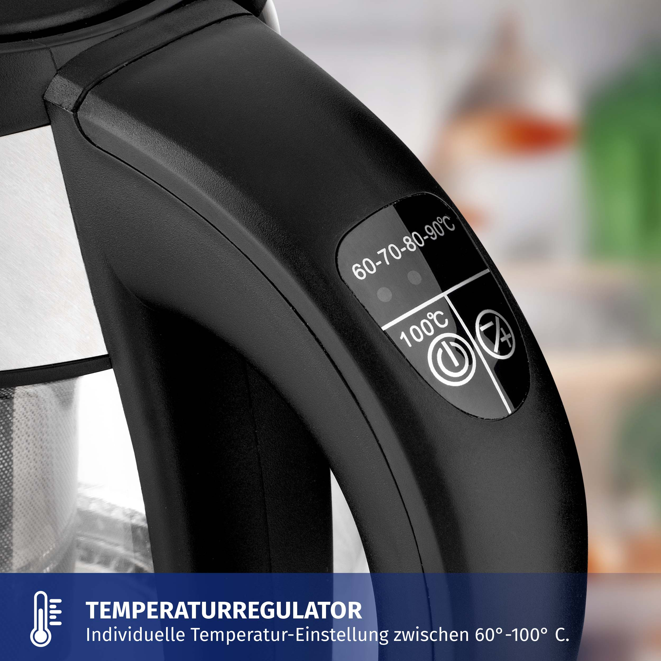 Schwarzer Wasserkochergriff mit Bedienfeld. Er zeigt Temperatureinstellungen: 60-70-80-90-100°C.