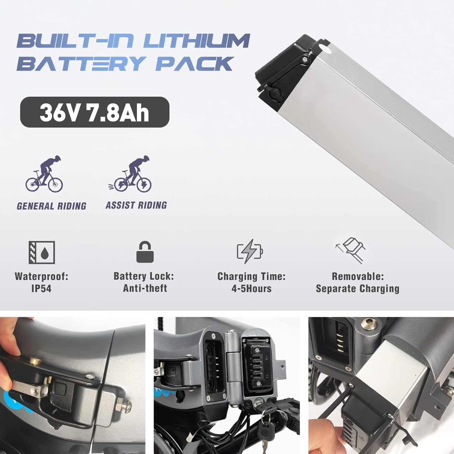 Pakiet baterii oznaczony jako 36V 7.8Ah, z ikonami dla jazdy ogólnej i wspomaganej.