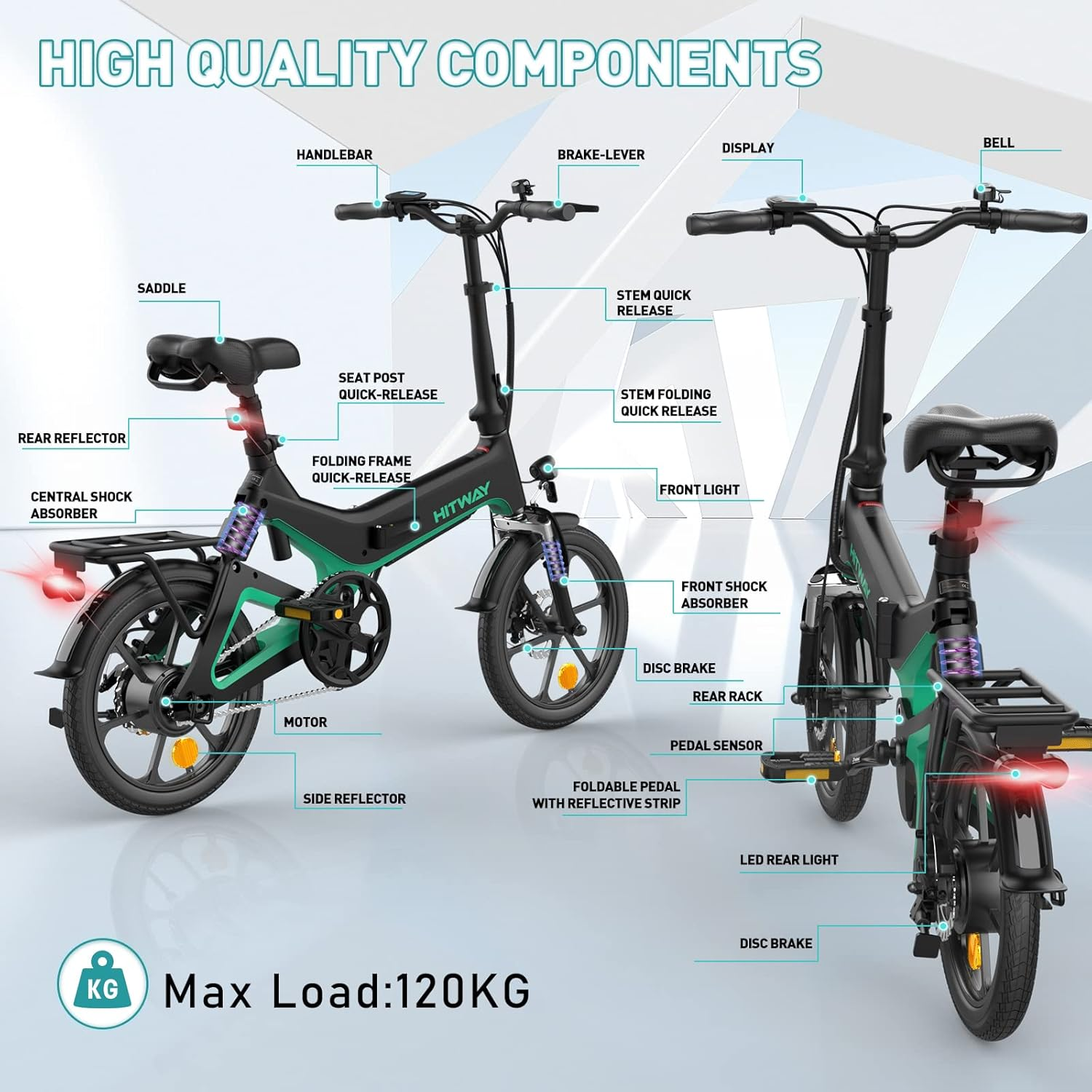 Dos bicicletas, una completamente ensamblada, con etiquetas que señalan componentes como manillares y pedales.