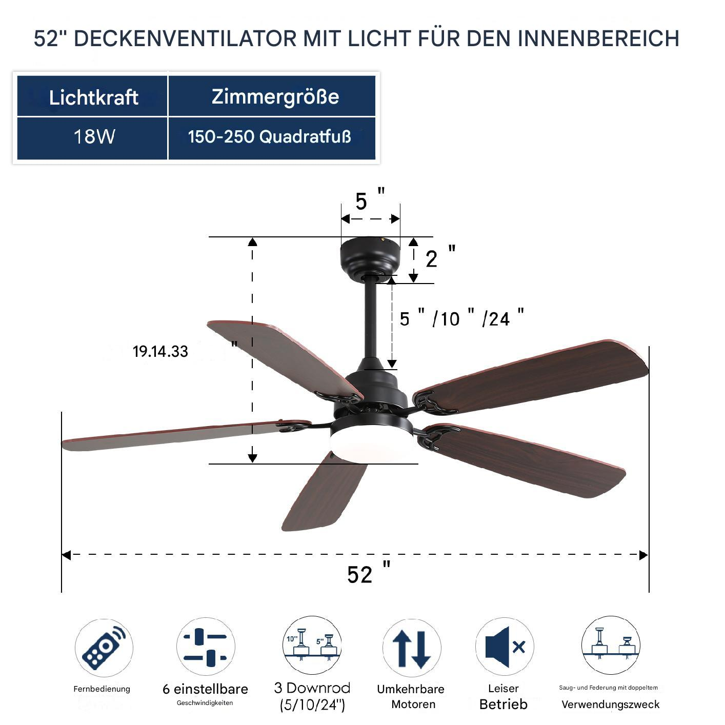 Ein Deckenventilator mit fünf Holzflügeln und einer Leuchte.