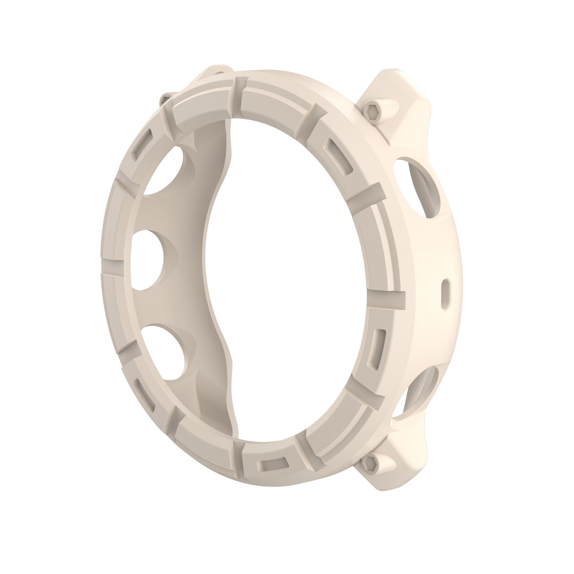 Beżowa obudowa zegarka z wycięciami i kształtem pierścienia, widok z kąta, izolowany.