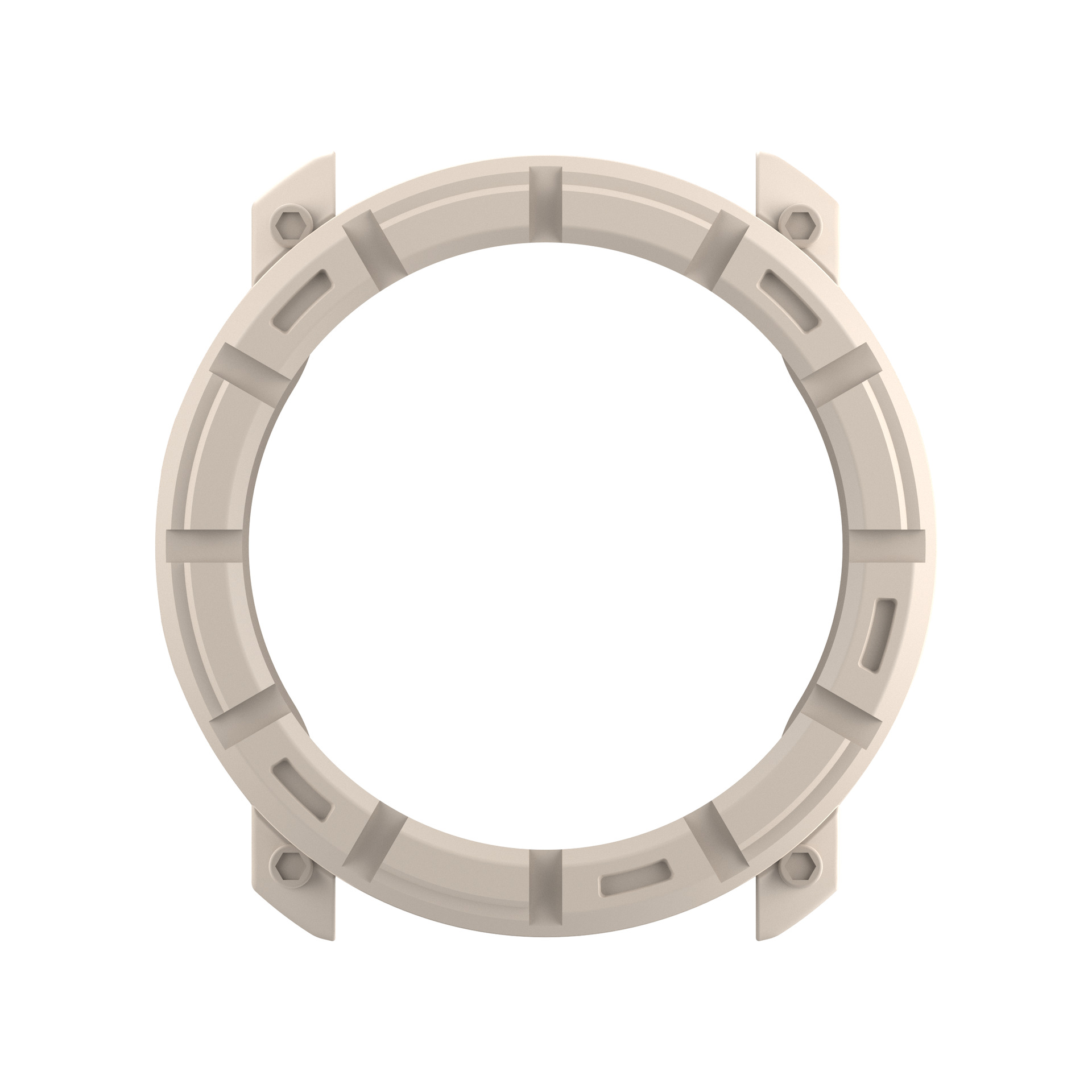 Jasnobeżelowa ramka zegarka z geometrycznym wzorem i sześcioma śrubami.