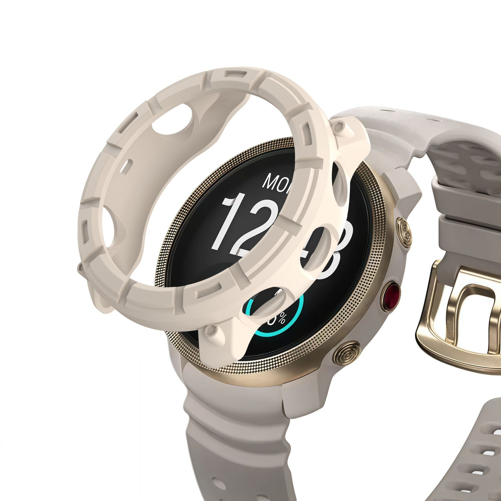 Zegarek z otwartą osłoną ochronną. Zegarek ma białą obudowę i czarny wyświetlacz.