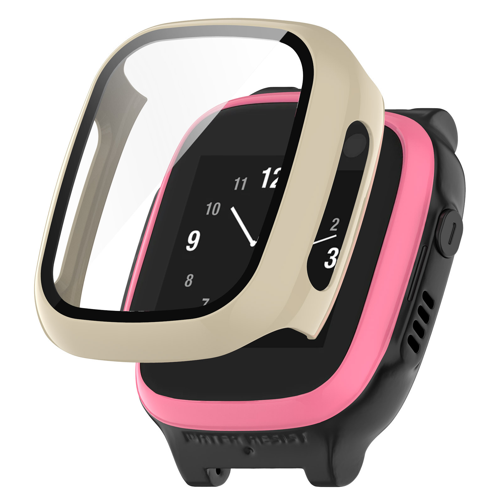 Uno smartwatch con una copertura protettiva. Lo smartwatch è rosa e nero.