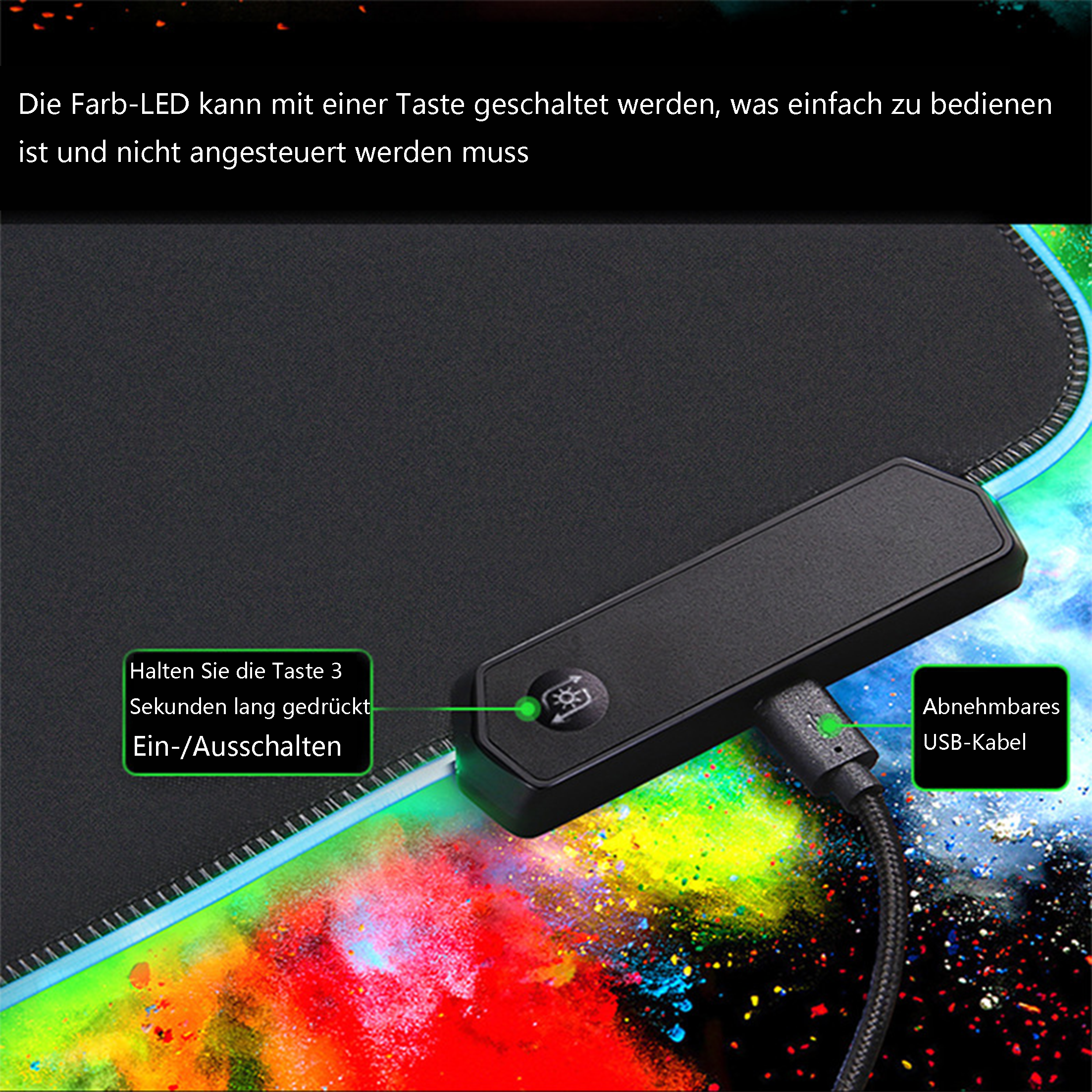 Schwarzes und blaues Gaming-Mauspad mit USB-Kabel. Bunte Lichter am Rand.
