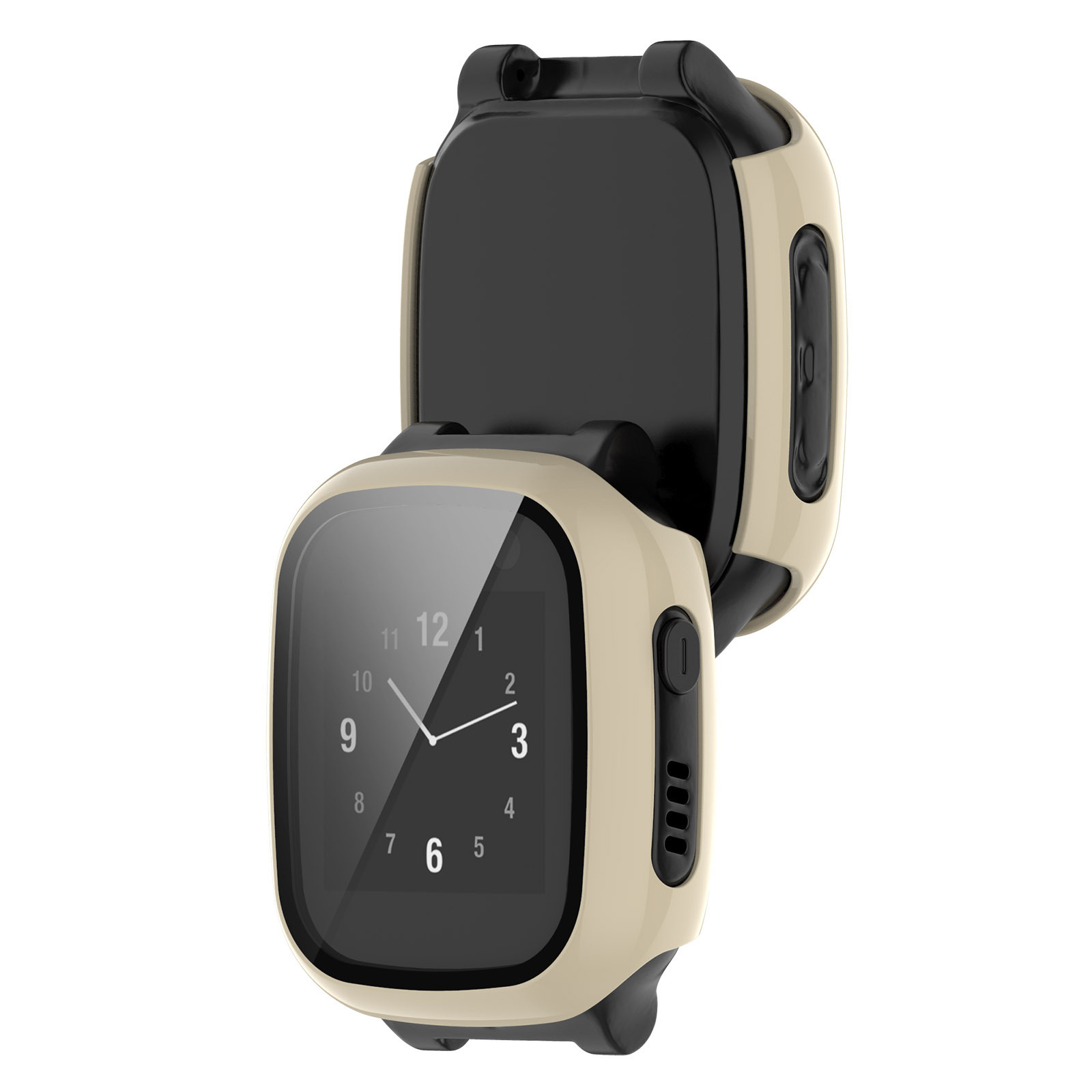 Smartwatch beige con schermo nero. Mostra l'ora. Cassa beige con dettagli neri.
