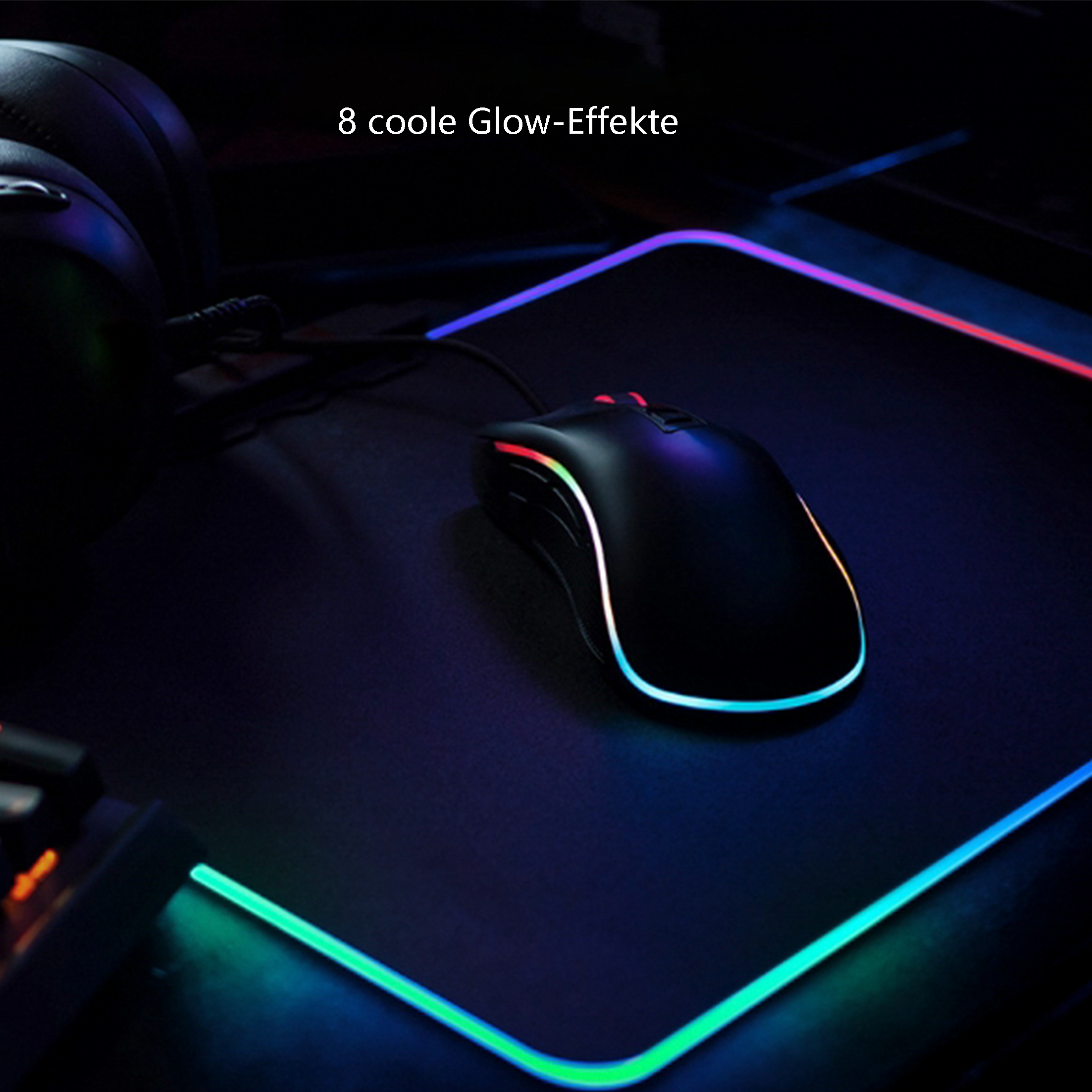 Schwarze Maus und Mauspad mit farbigem Licht um die Ränder. Text: '8 coole Glow-Effekte'.