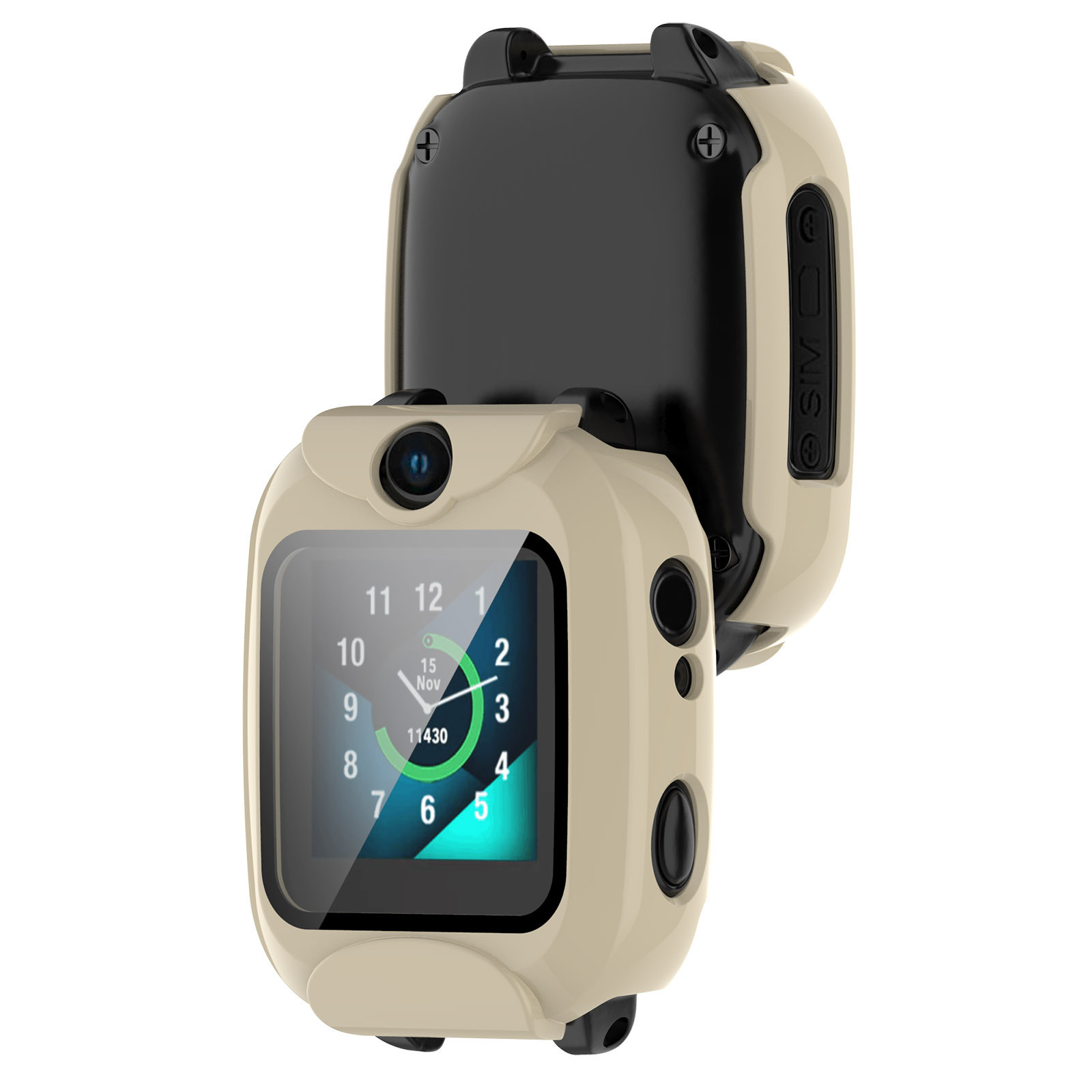 Beige Smartwatch mit Zeitanzeige. Schwarze und beige Details.