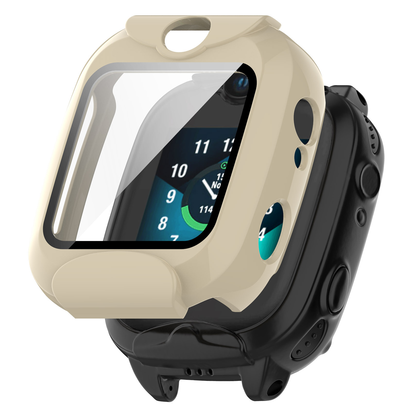 Beige Smartwatch in einem Gehäuse, zeigt Zeit und Zahlen auf blauem Hintergrund.