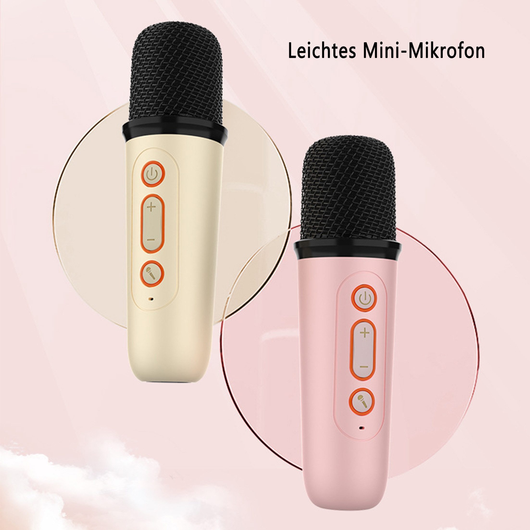 Zwei Mini-Mikrofone, eines cremefarben und eines rosa, mit einem hellrosa und goldenen Hintergrund.