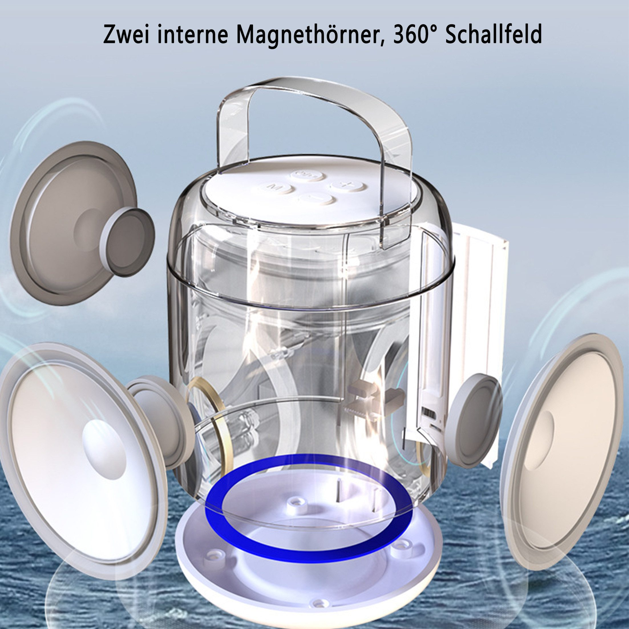 Klare Lautsprecher mit Griff und mehreren Lautsprechern drum herum. Das Design ist modern mit klarer Abdeckung.