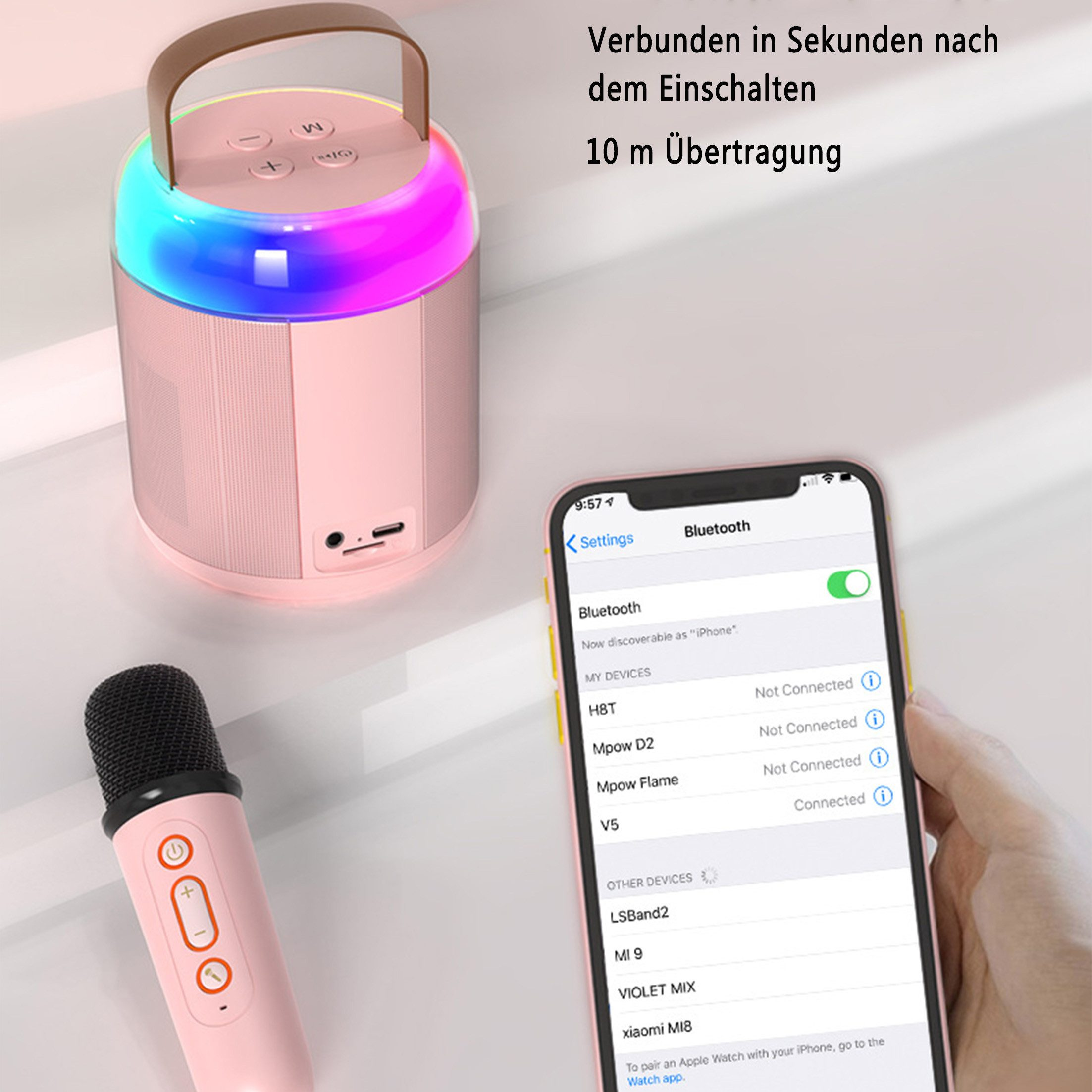 Rosa Lautsprecher mit Griff, Mikrofon und Telefon, das Bluetooth-Einstellungen anzeigt.