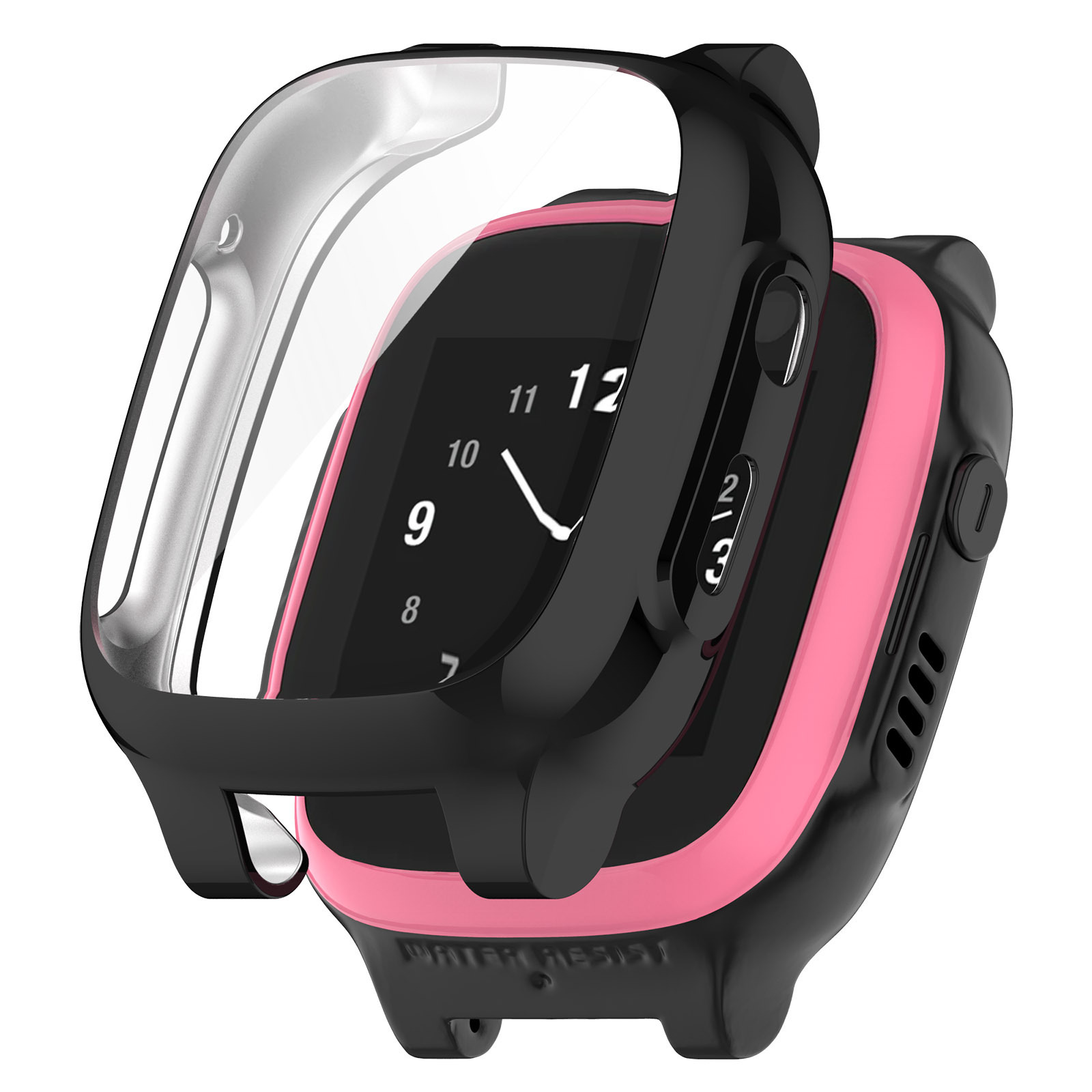 Smartwatch met zwart en roze ontwerp, transparante hoes. De tijd is 10:09. Knoppen en luidspreker zichtbaar.