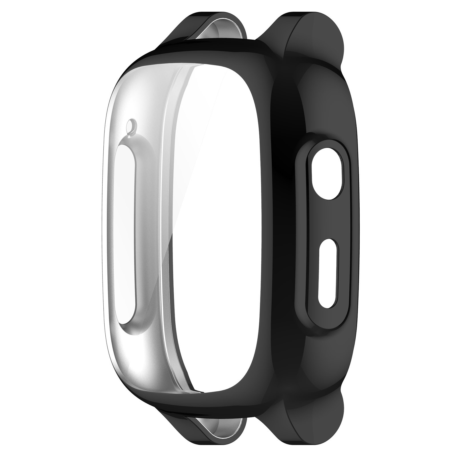 Zwarte smartwatch cover, transparante schermbeschermer. Knoppen en openingen zijn zichtbaar. Strak design.