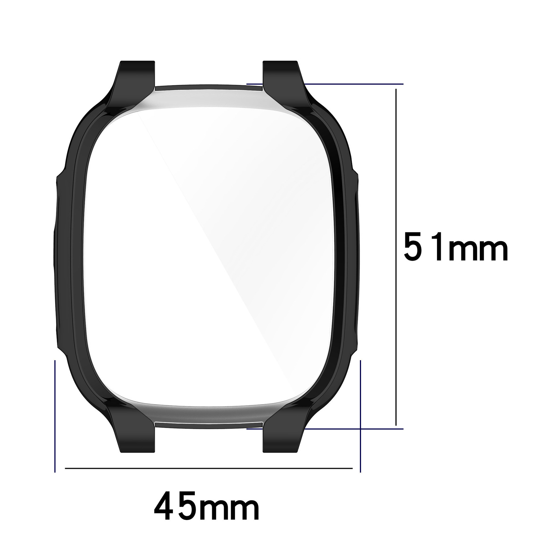 Zwart smartwatch frame met transparante schermbeschermer. Afmetingen: 45mm x 51mm. Bovenaanzicht.