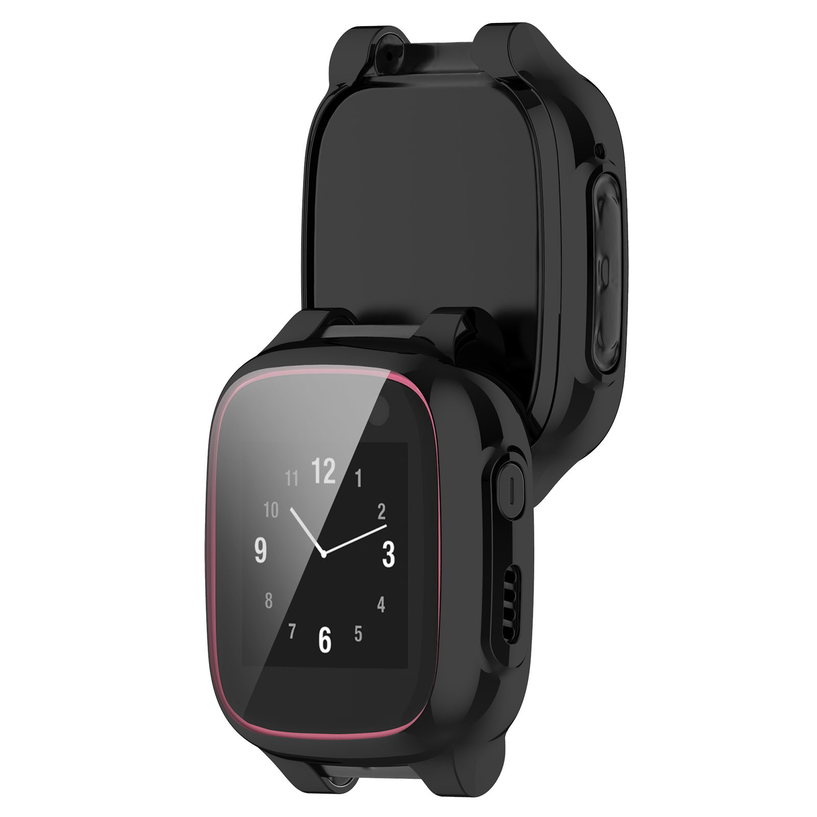 Zwarte smartwatch met roze accent, scherm toont tijd. Knoppen en luidspreker zitten aan de zijkant.