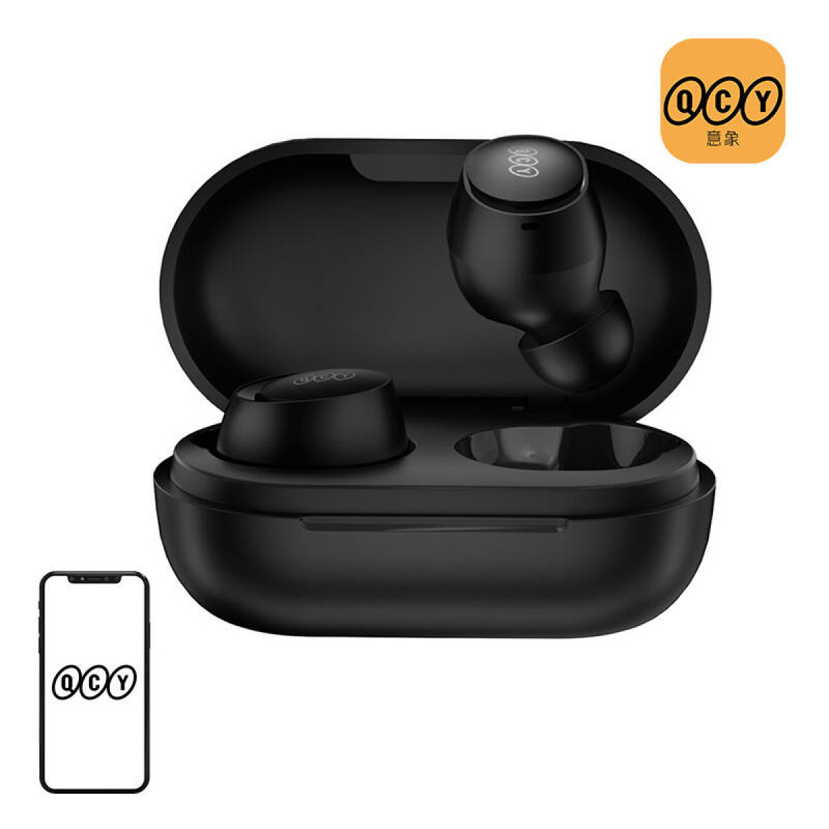 Schwarze QCY-Ohrhörer in einem offenen schwarzen Etui. Ein Telefon zeigt das QCY-Logo.