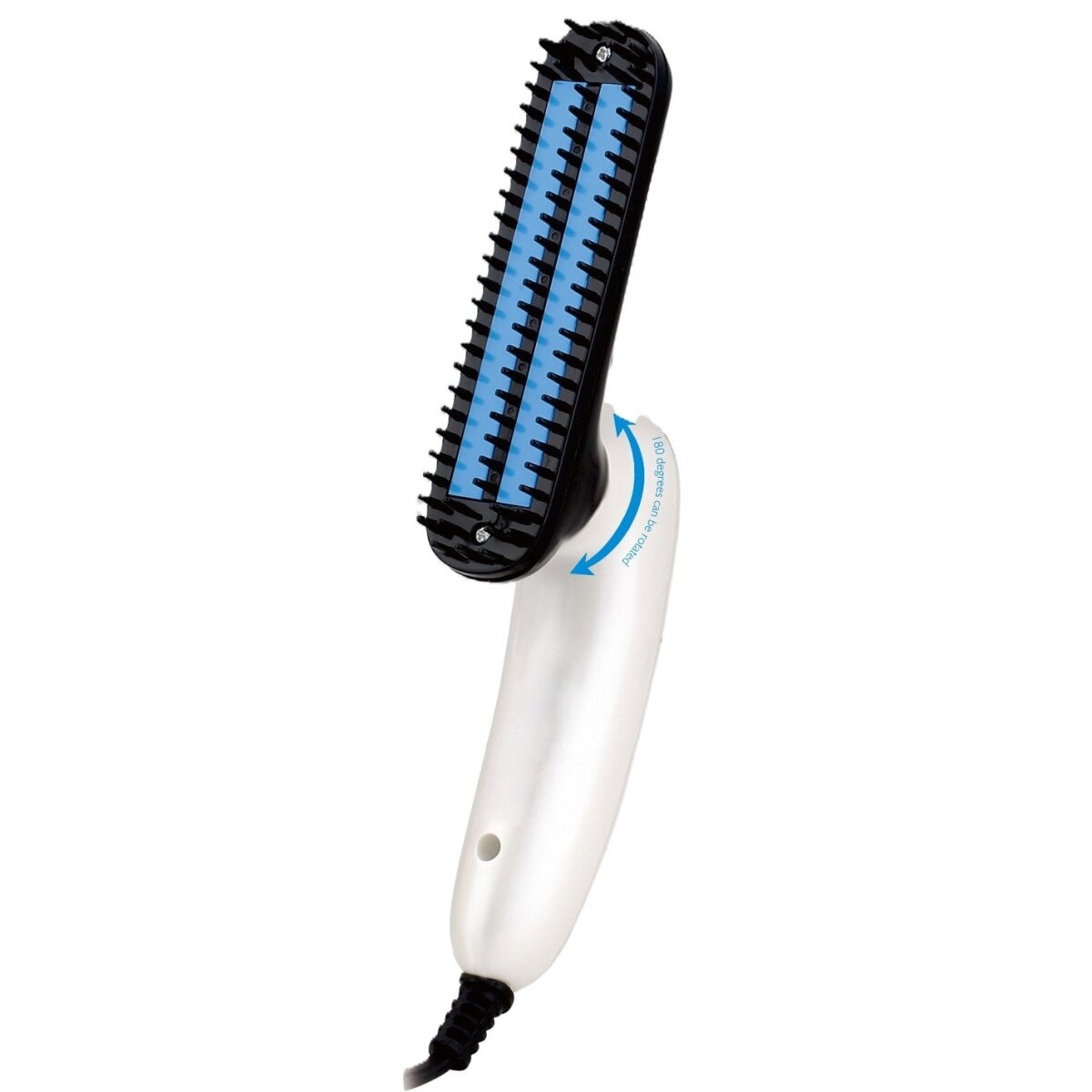Weißer Bartglätter mit blauem Kamm. Schwarzer Griff und Kabel. Isoliert auf Weiß.