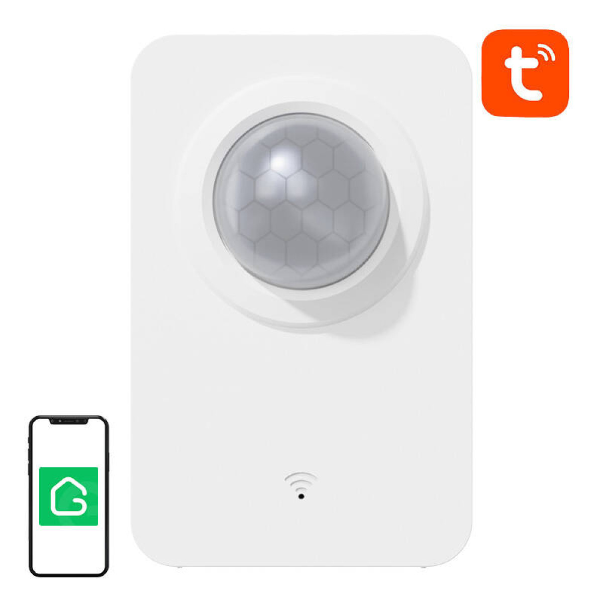 Ein weißer Bewegungssensor mit grauer Linse und einem Telefon sowie dem Tuya-Logo.
