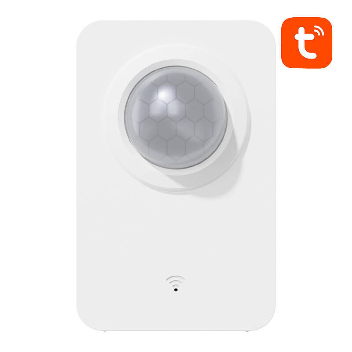 Ein weißer Bewegungsmelder mit grauer Linse. Ein kleines WLAN-Symbol befindet sich unten. Ein t-Logo ist rechts.
