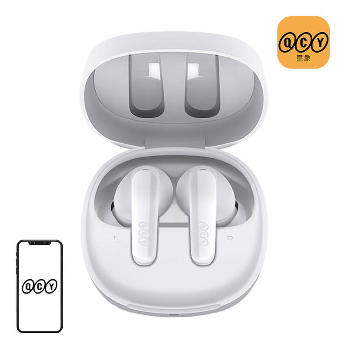 Weiße kabellose Ohrhörer in einem Ladecase. Telefon und Logo sichtbar.