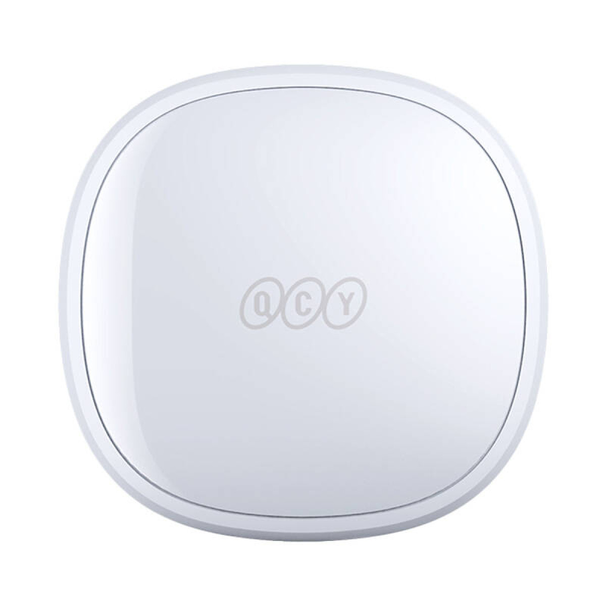 Weißes, abgerundetes quadratisches Ladecase mit dem QCY-Logo.