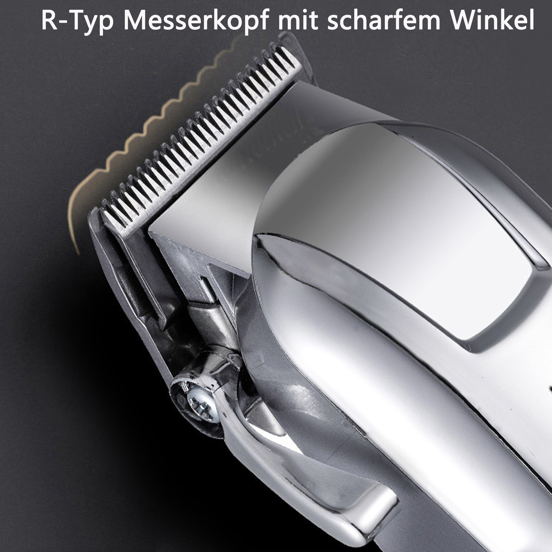 Silberner Elektrorasiererkopf mit scharfem Winkel, schwarzer Hintergrund.