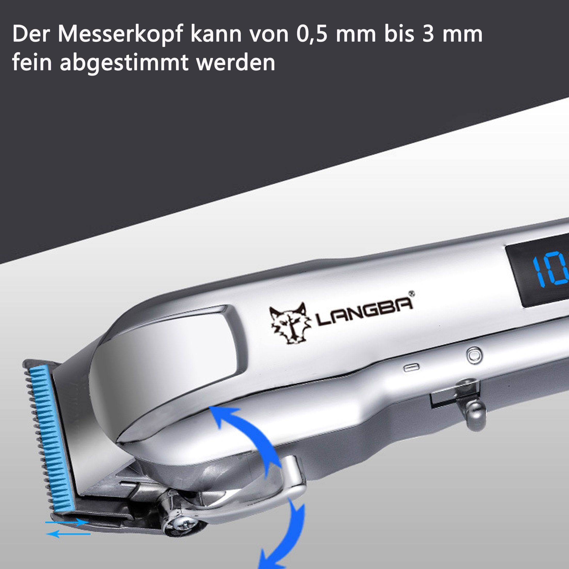 Silberner Haarschneider mit blauem Messer, Pfeile zeigen die Einstellung.
