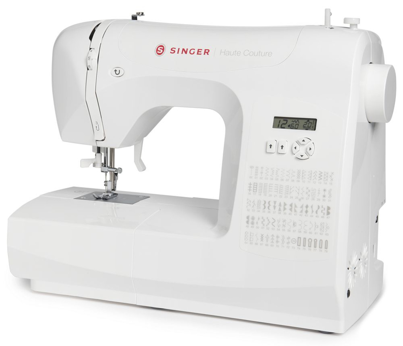 Weiße Singer Haute Couture Nähmaschine. Knöpfe, Display und Spulendetail. Weißer Hintergrund.