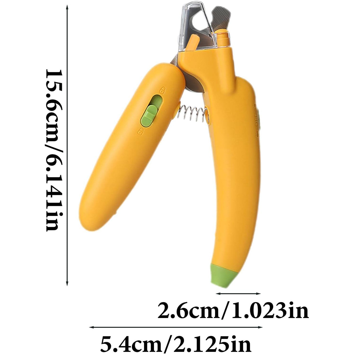 Gelb-grüne Nagelknipser mit Maßen und einem Knopf.