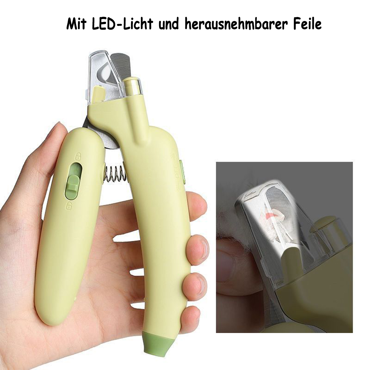 Nagelknipser mit LED-Licht. Eine Hand hält den Knipser und das Licht scheint.