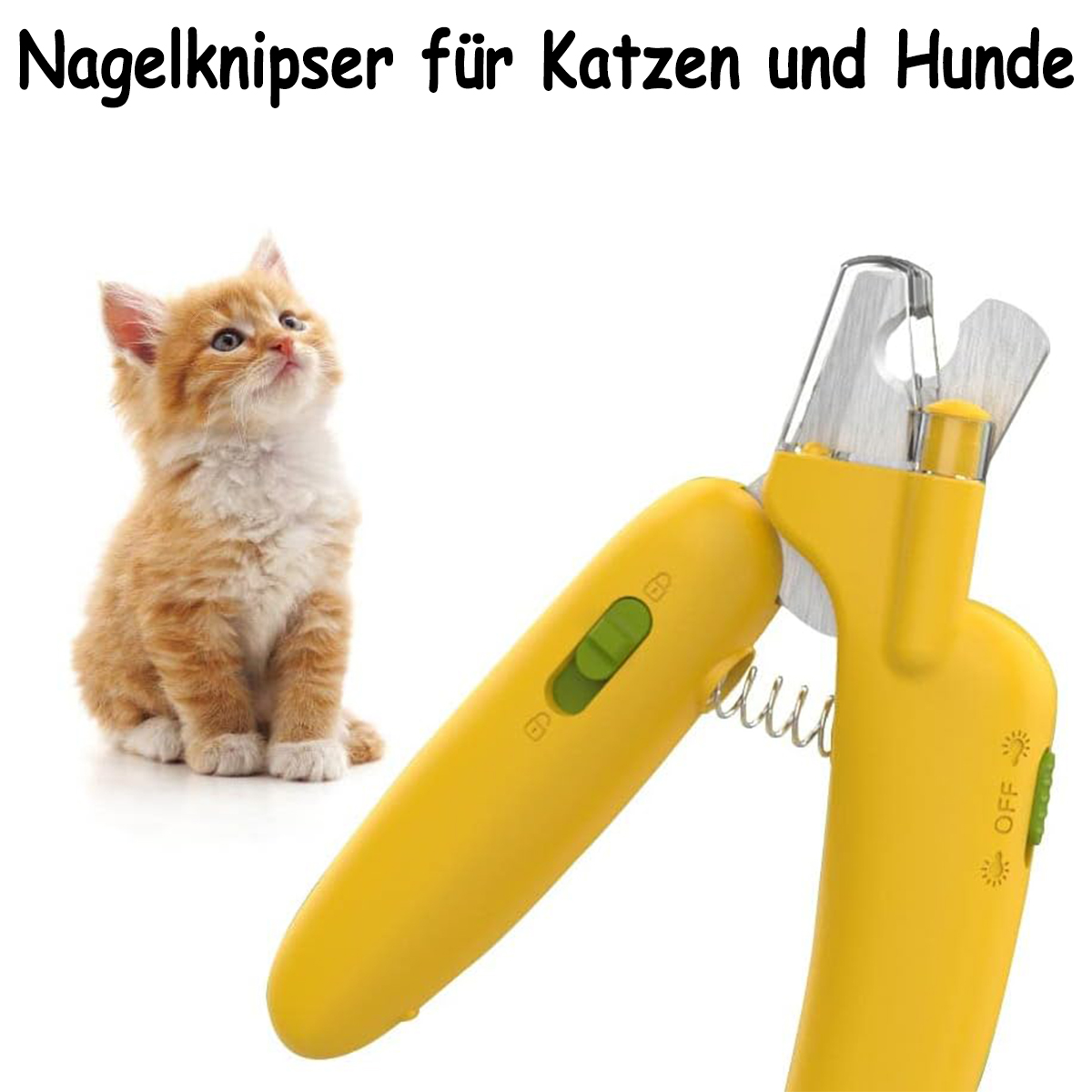 Gelber Nagelknipser für Katzen und Hunde, und eine orangefarbene Katze im Hintergrund.