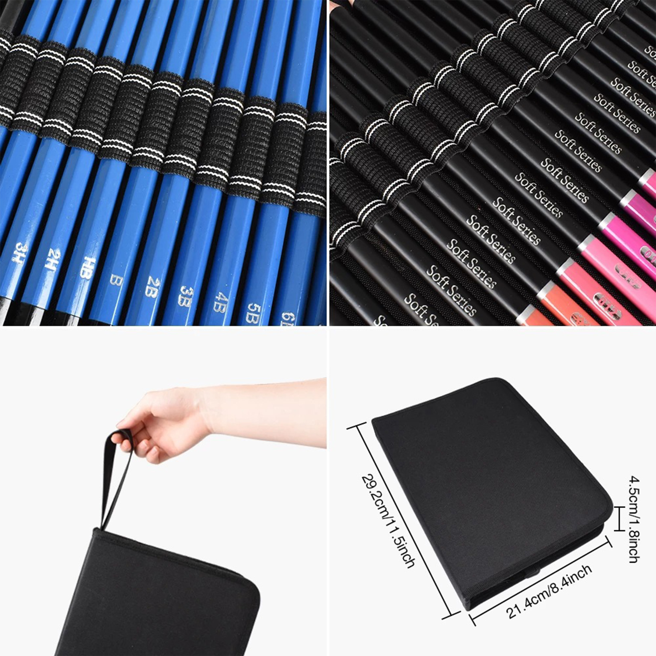Bleistifte in einem Etui. Verschiedene Bleistiftgrade sind sichtbar. Schwarze Gummibänder halten die Stifte.