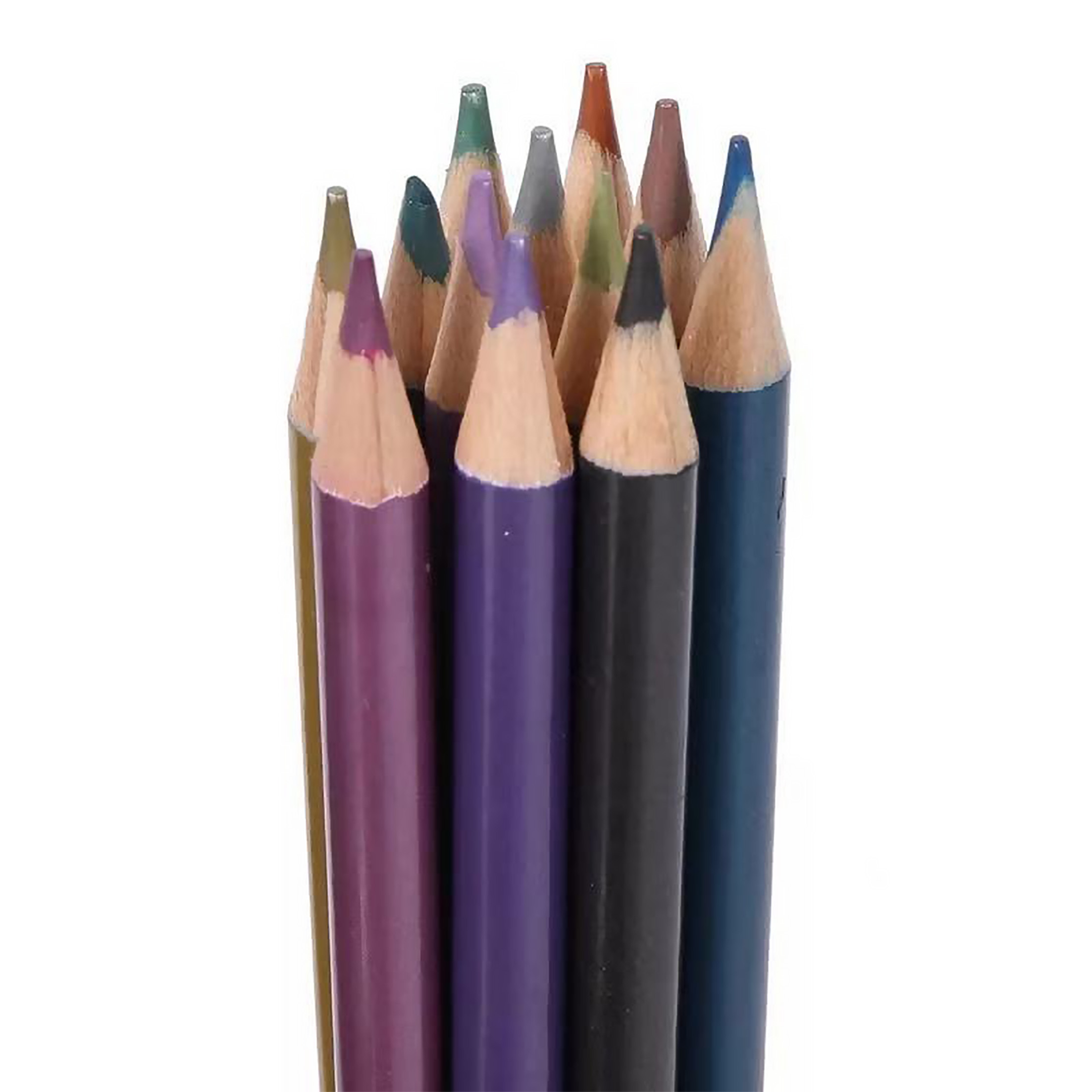 Ein Bündel von farbigen Bleistiften, verschiedene Farben, mit spitzen Spitzen, kreisförmig angeordnet.