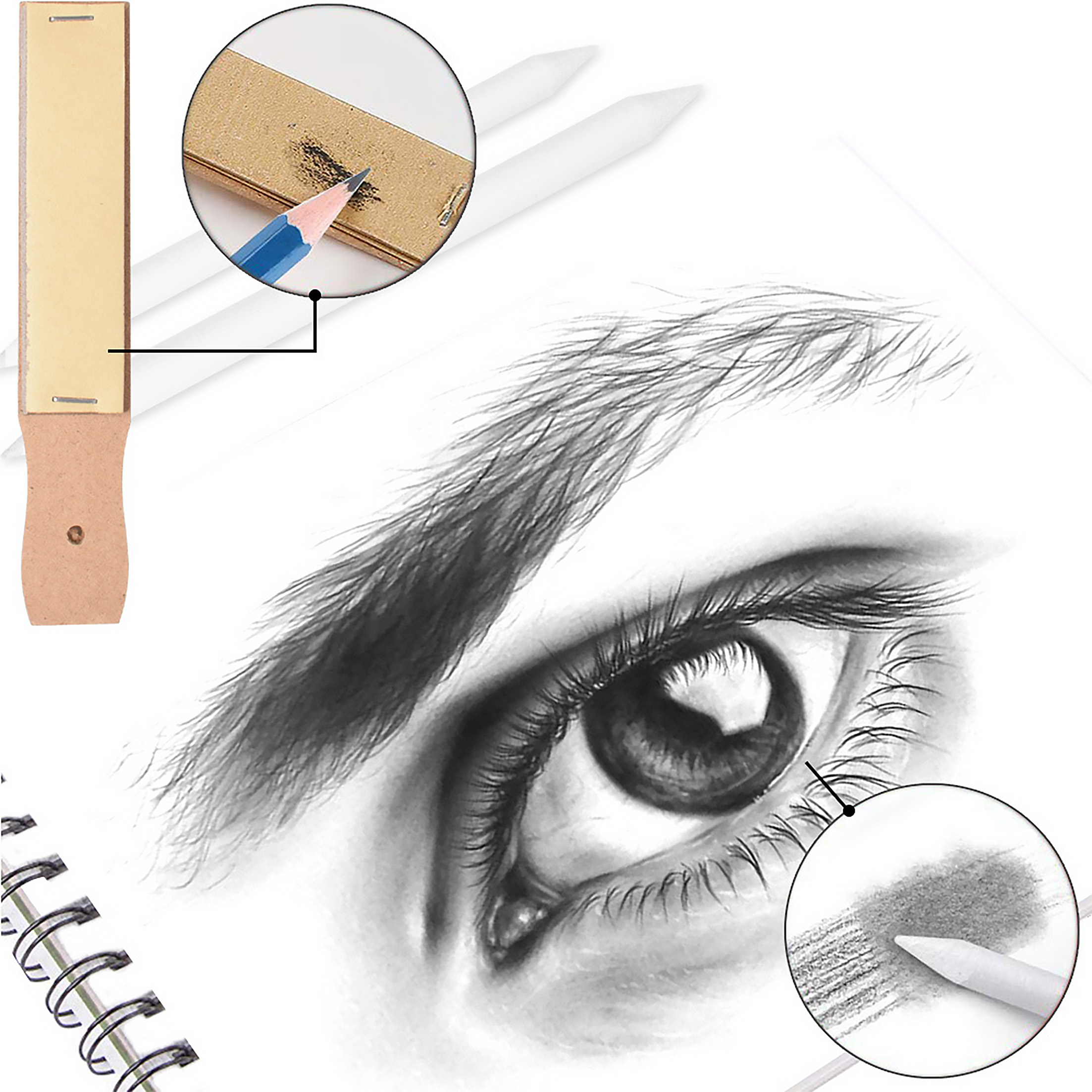 Augenzeichnung mit Bleistift, Bleistiftanspitzer und Bleistifte auf dem Papier mit Skizze.