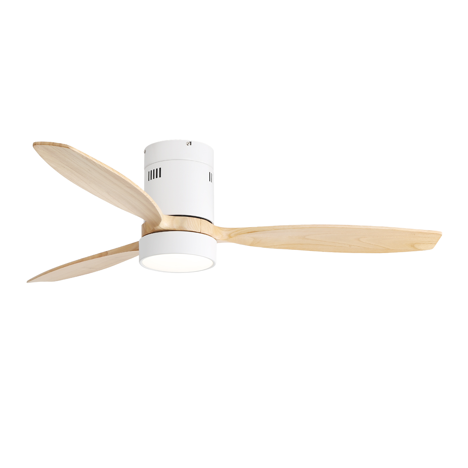 Ein weißer Deckenventilator mit drei Holzflügeln und einer zentralen weißen Leuchte.