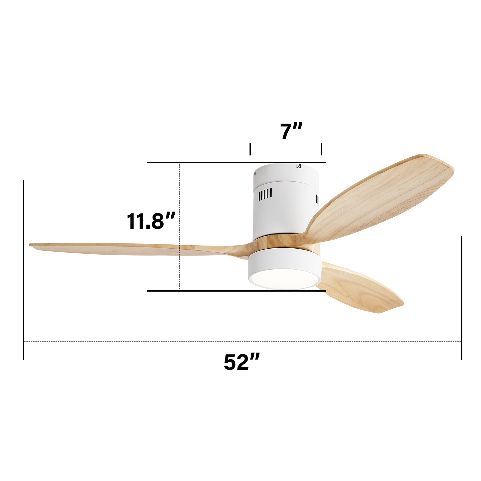 Ein weißer Deckenventilator mit drei Holzflügeln. Abmessungen: 52" breit, 11,8" hoch und 7" Durchmesser.