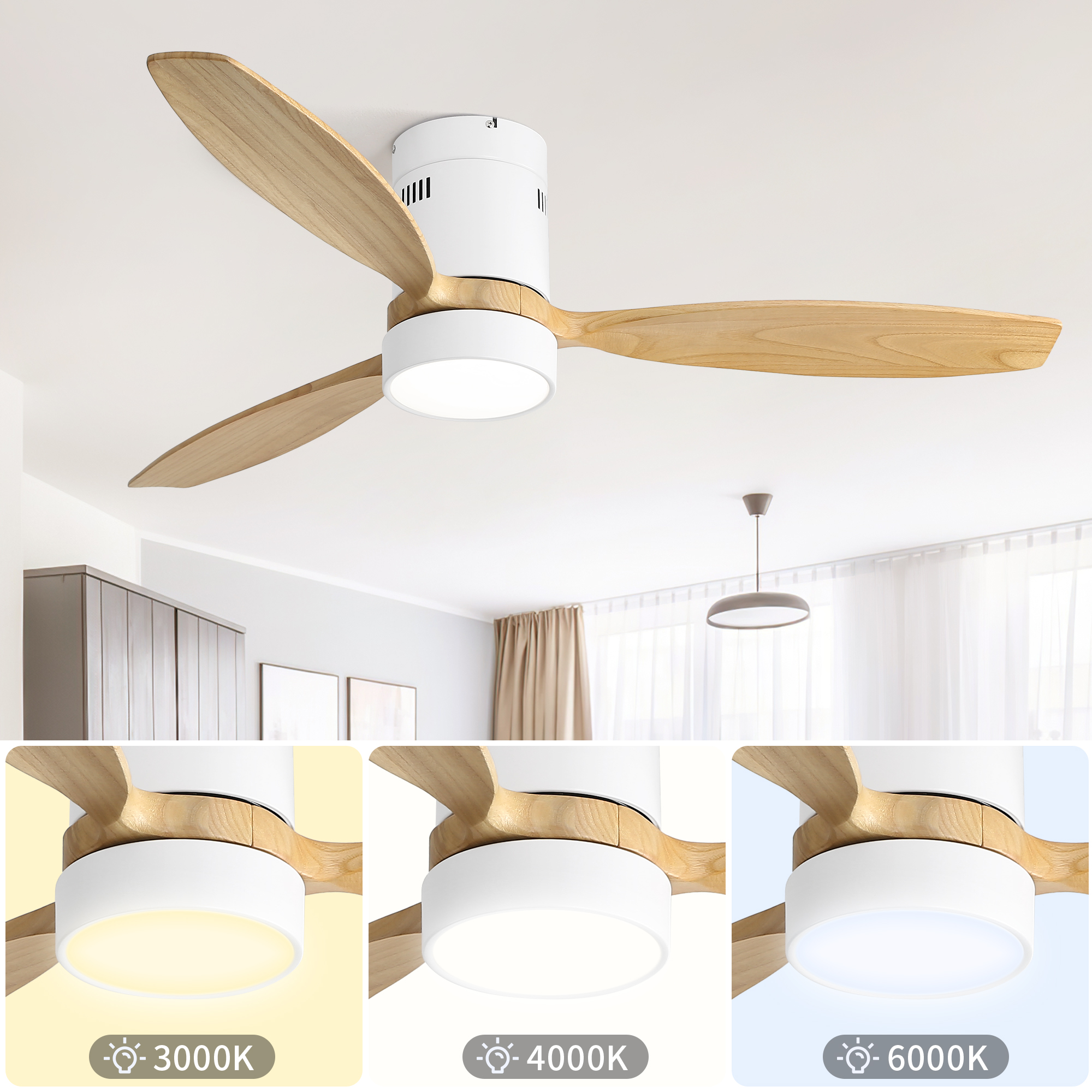 Ein weißer Deckenventilator mit Holzflügeln und Licht.