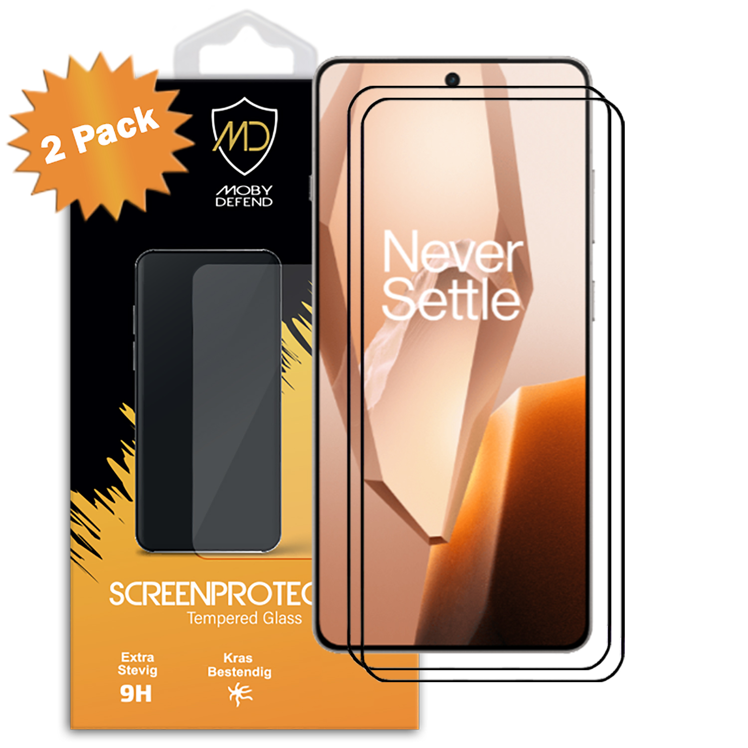 Twee schermbeschermers voor een telefoon in een verpakking met 'Never Settle'.
