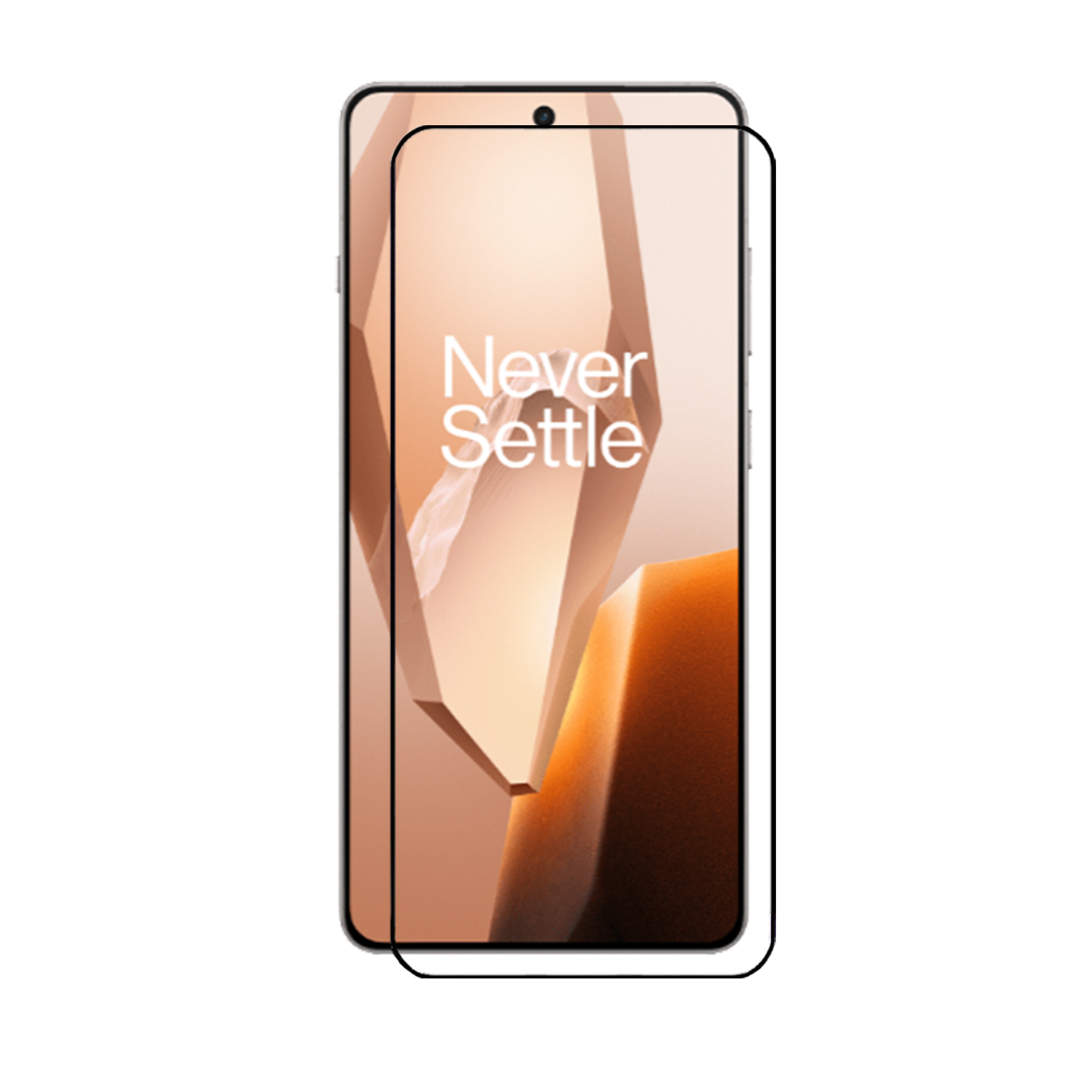 Protecteur d'écran de téléphone avec cadre noir sur fond blanc, avec les mots 'Never Settle'.