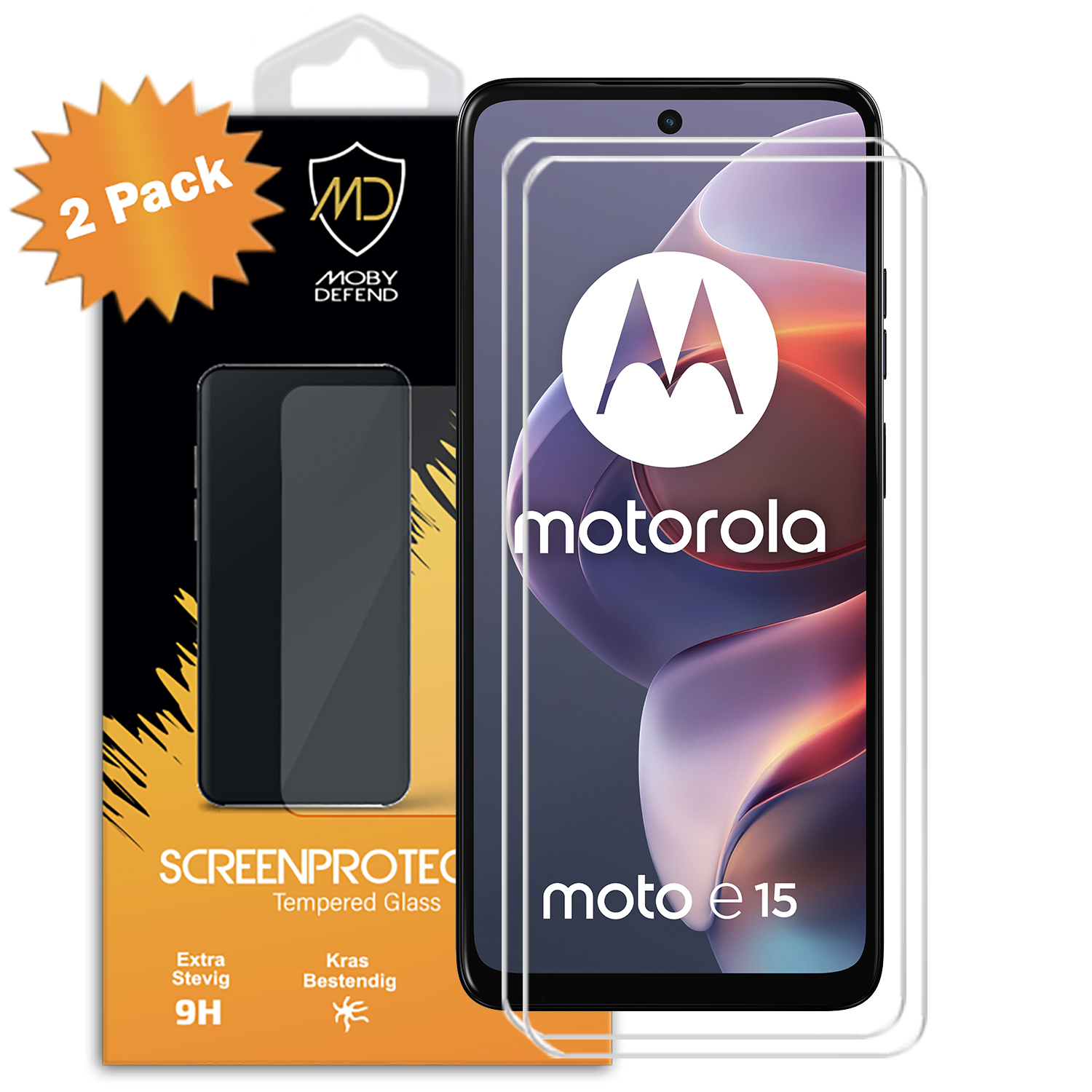 Un téléphone avec deux protecteurs d'écran et un emballage. Le téléphone est étiqueté Motorola moto e15.