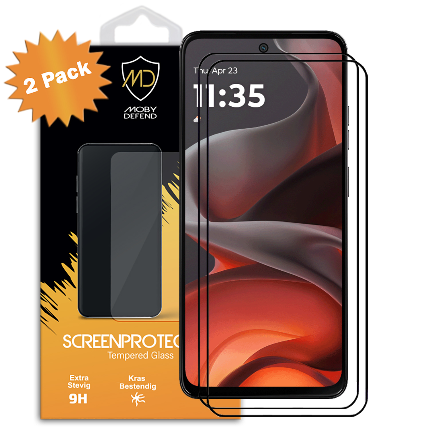 Emballage de protection d'écran avec téléphone et deux protecteurs, sur blanc.