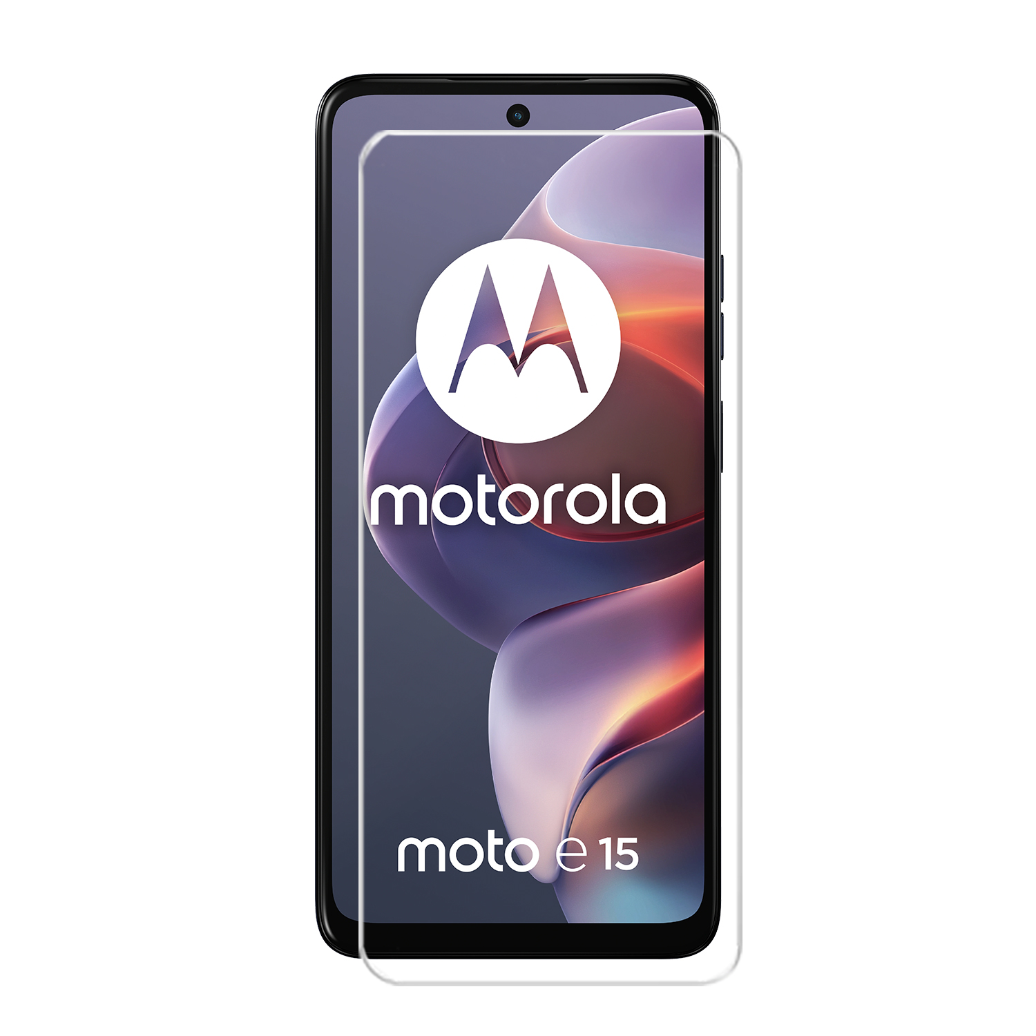 Smartphone Motorola Moto e15 avec protecteur d'écran, fond blanc.