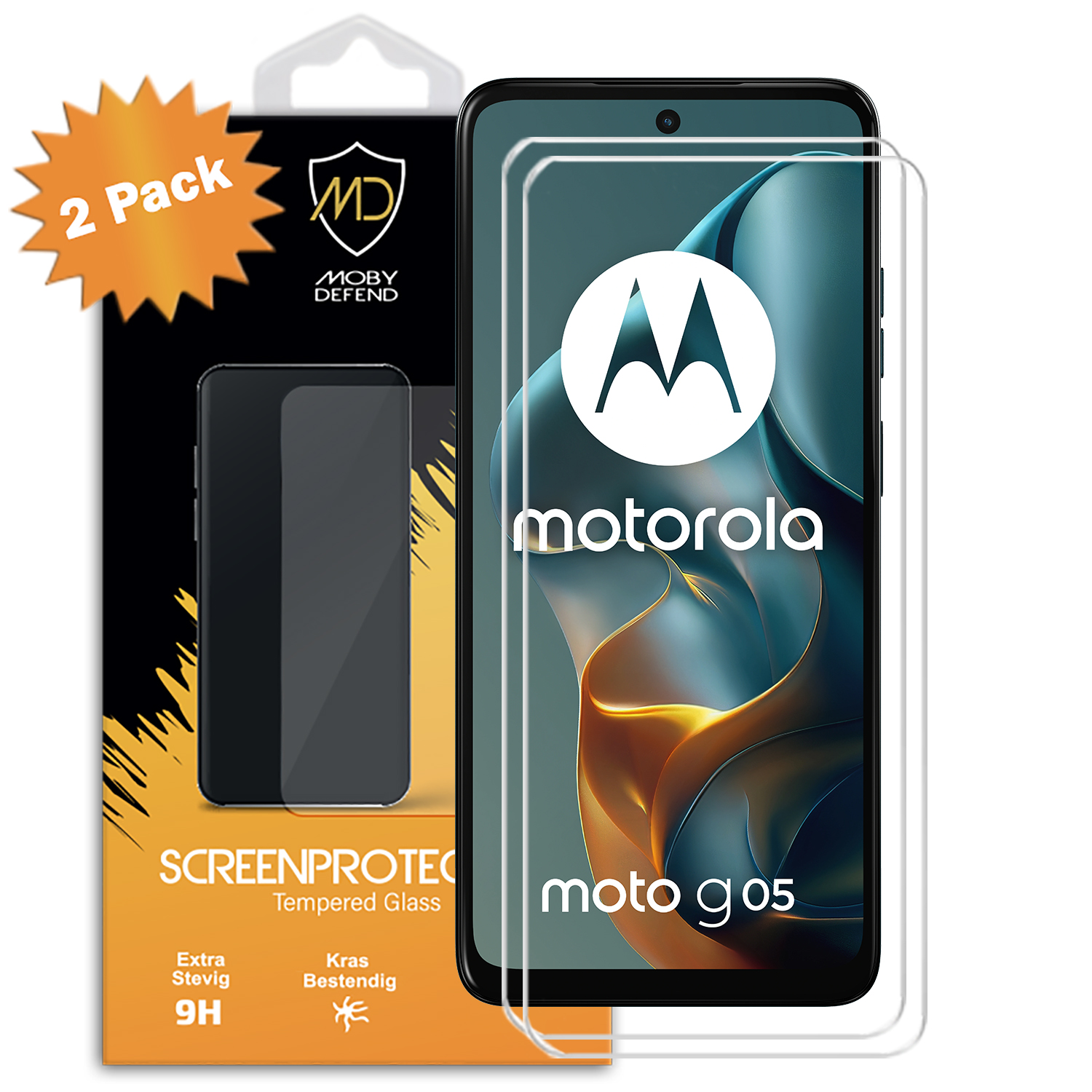 Motorola schermbeschermer verpakking. Twee beschermers worden getoond. Tekst en branding aanwezig.