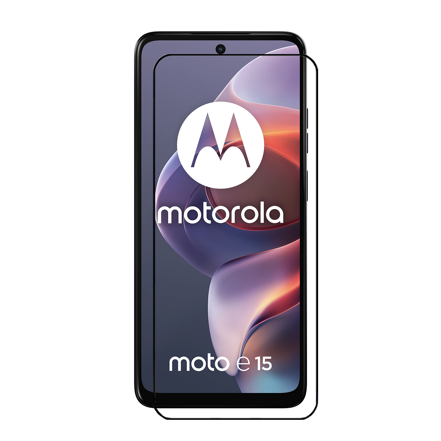 Téléphone Motorola moto e15 avec protecteur d'écran appliqué. Il montre l'écran et le film protecteur.